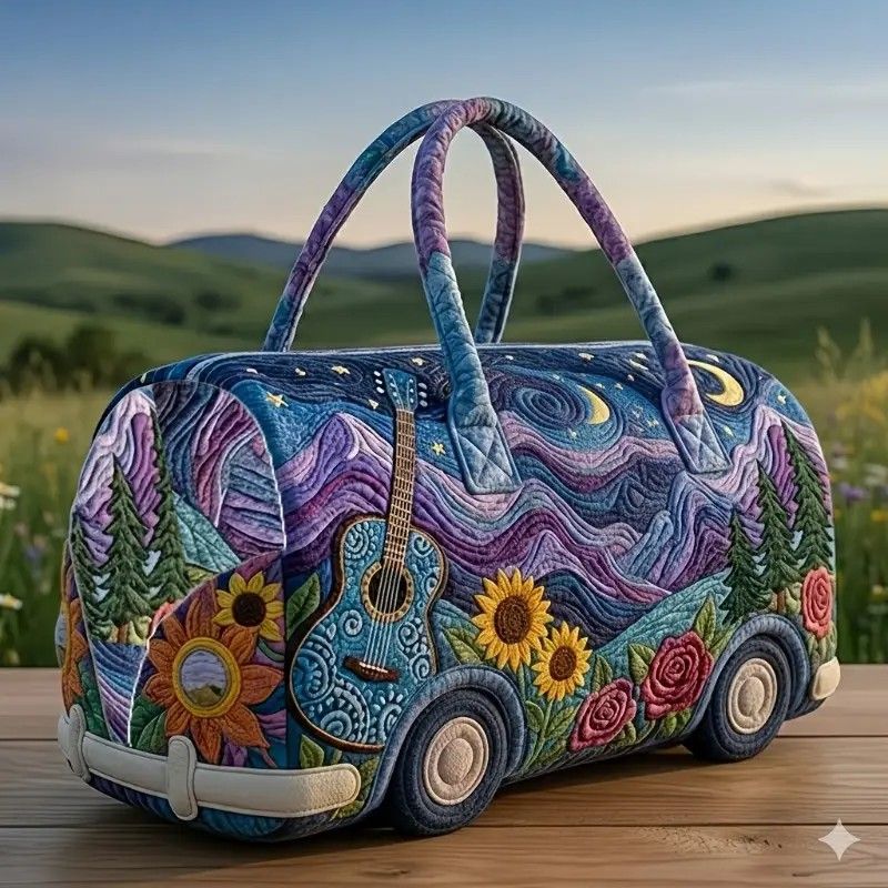 Bohemian style vintage embroidered travel bag, made of lightweight and durable polyester, with a capacity under 20L, featuring eye-catching starry sky and mountain patterns, essential for music festivals and gym outings.(18 inches *9IN*9 inches)