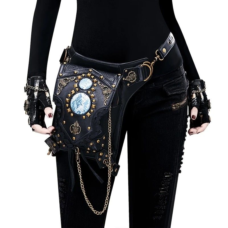 Steampunk-style Adjustable Waist Bag: Retro Chains and Rivets Decoration, PU Leather Multi-function Shoulder Crossbody Bag for Trendy Matching