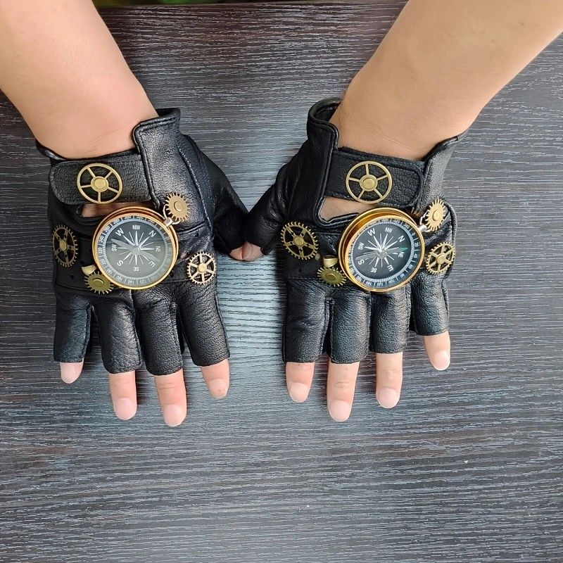 Steampunk Compass Half - Finger Gloves: Pure Sheepskin with Gear Decor, Retro Mechanical Style, Flexible & Versatile。golden
