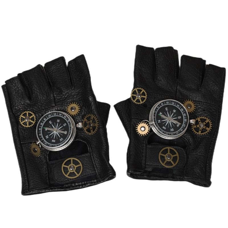Steampunk Compass Half - Finger Gloves: Pure Sheepskin with Gear Decor, Retro Mechanical Style, Flexible & Versatile。silver