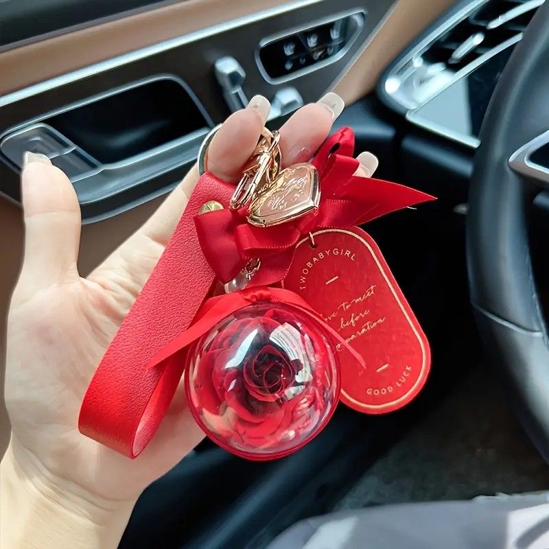 Valentine's Day Preserved Flower Leather Keychain: Romantic and Cute to Carry Around, Perfect for Gifting or Personal Use(RED)