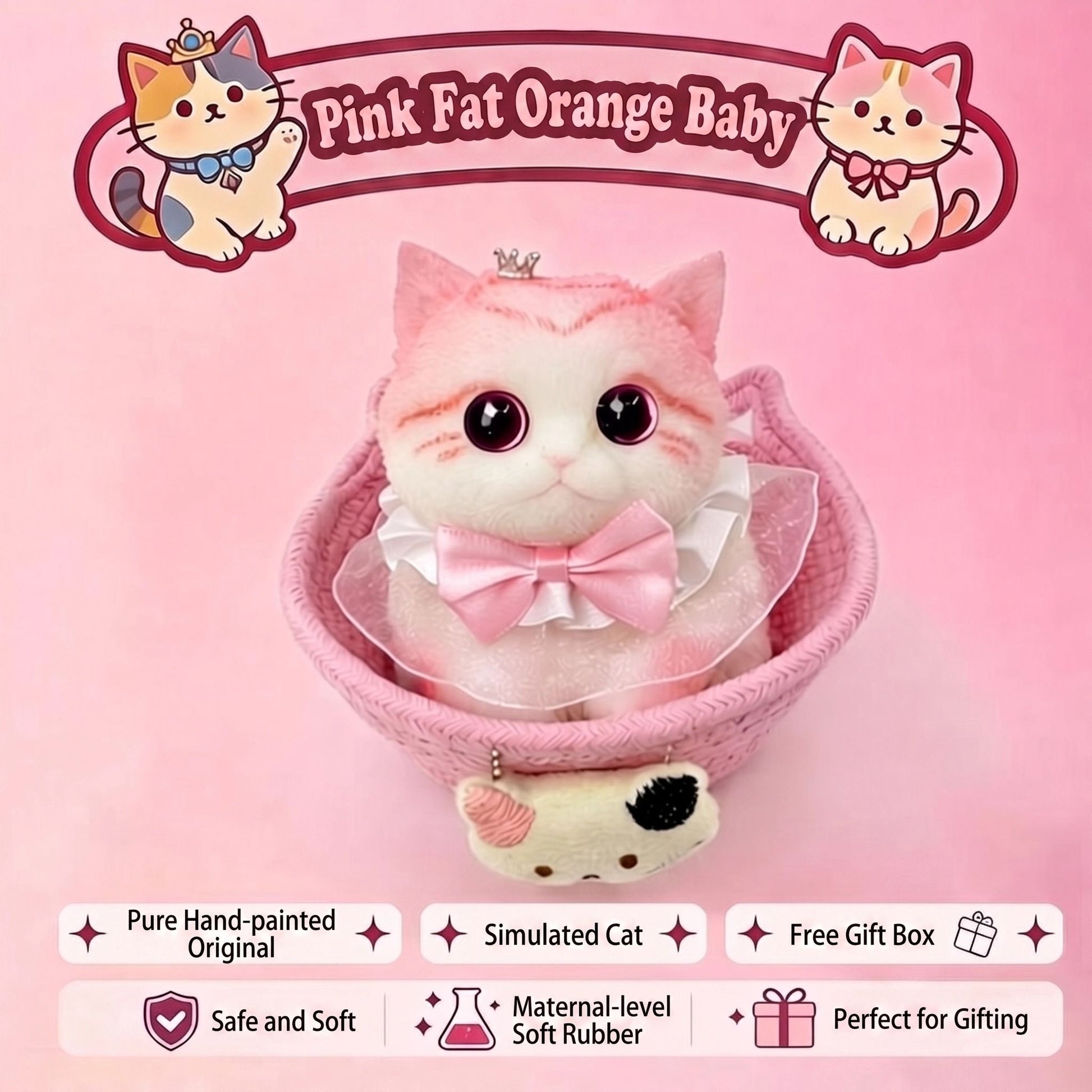 Fat Cat Squishy Toy, Lifelike Cat Plush Doll, Original Hand-Painted Design, (Kitten + Accessories + Cat Bed)/Pink orange fat baby