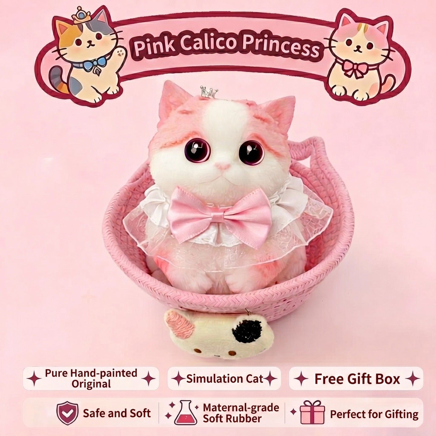 Fat Cat Squishy Toy, Lifelike Cat Plush Doll, Original Hand-Painted Design, (Kitten + Accessories + Cat Bed)/Pink princess with three flowers