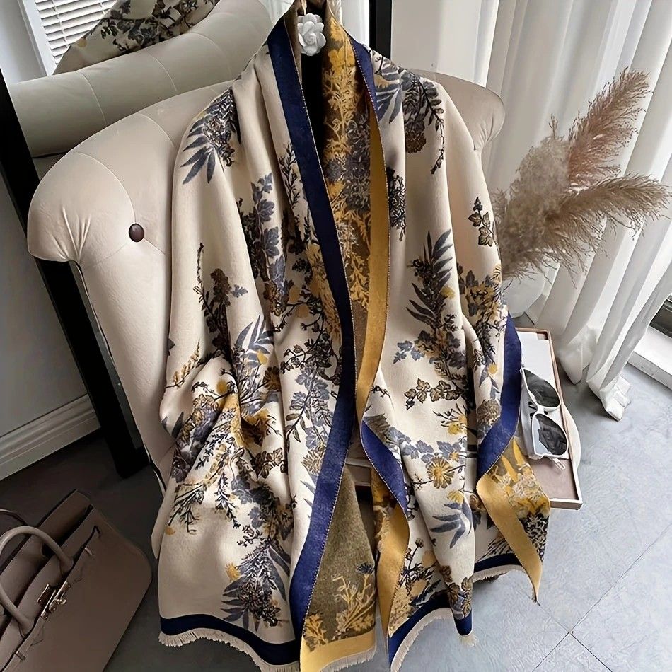 Bohemian-style Faux Cashmere Shawl Scarf, Soft, Warm, and Stylish for Autumn and Winter(NAVY BLUE))