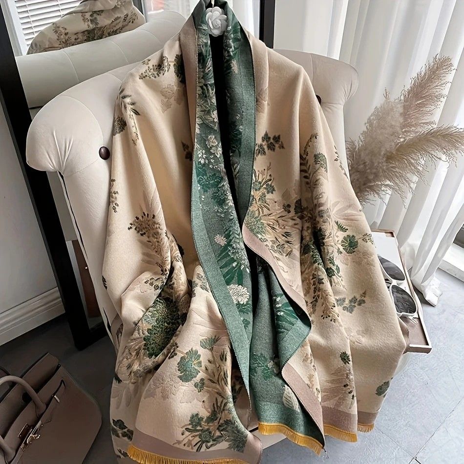 Bohemian-style Faux Cashmere Shawl Scarf, Soft, Warm, and Stylish for Autumn and Winter(GREEN)