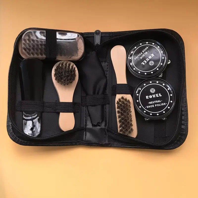 7-in-1 Travel Case Black and Neutral Shoe Brush Cleaning Kit