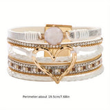 Bohemian Braided Leather Bracelet, Multi-layer Design with Metal and Crystal Accents, Rose Gold Square Clasp with Heart Crystal, Embodying Casual Romantic Exotic Charm.(white)