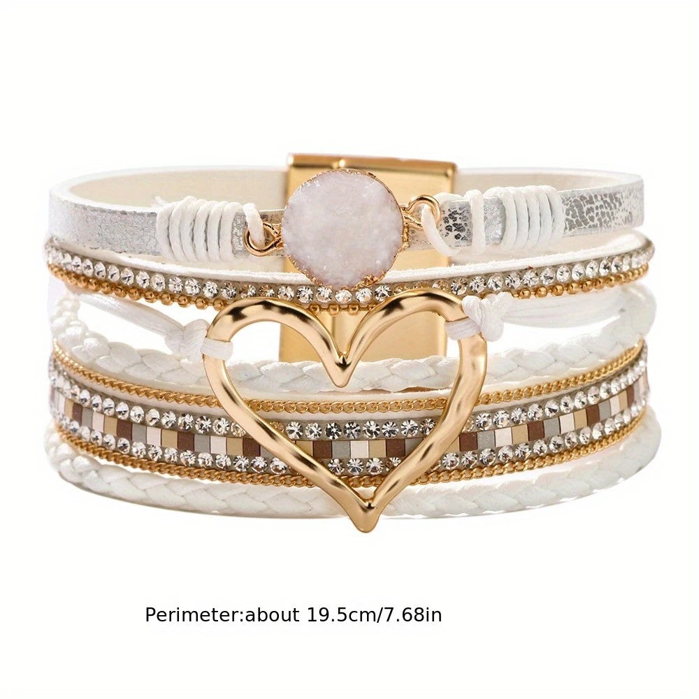 Bohemian Braided Leather Bracelet, Multi-layer Design with Metal and Crystal Accents, Rose Gold Square Clasp with Heart Crystal, Embodying Casual Romantic Exotic Charm.(white)