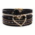 Bohemian Braided Leather Bracelet, Multi-layer Design with Metal and Crystal Accents, Rose Gold Square Clasp with Heart Crystal, Embodying Casual Romantic Exotic Charm.(black)