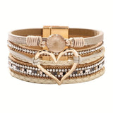 Bohemian Braided Leather Bracelet, Multi-layer Design with Metal and Crystal Accents, Rose Gold Square Clasp with Heart Crystal, Embodying Casual Romantic Exotic Charm.(khaki)