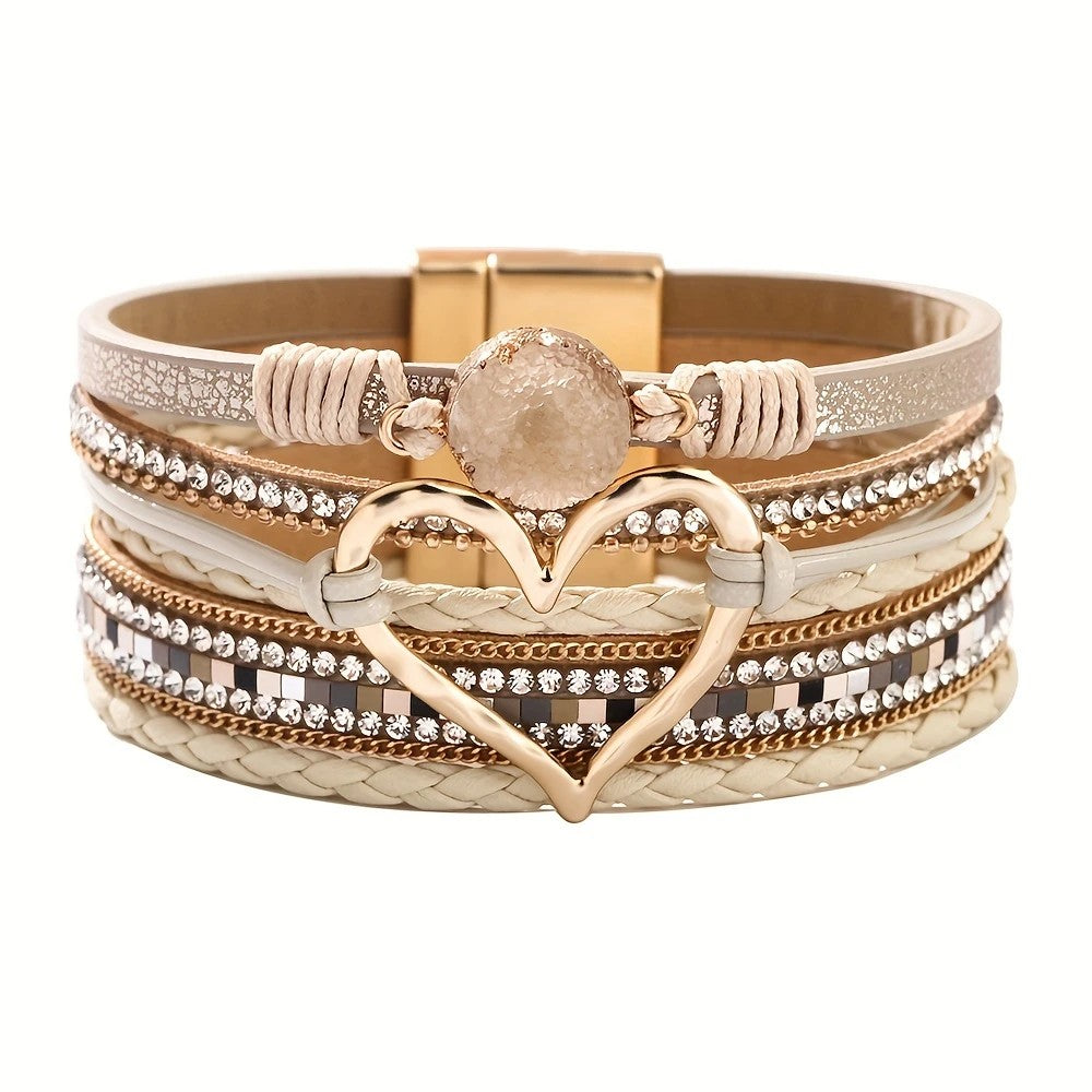Bohemian Braided Leather Bracelet, Multi-layer Design with Metal and Crystal Accents, Rose Gold Square Clasp with Heart Crystal, Embodying Casual Romantic Exotic Charm.(khaki)