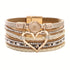 Bohemian Braided Leather Bracelet, Multi-layer Design with Metal and Crystal Accents, Rose Gold Square Clasp with Heart Crystal, Embodying Casual Romantic Exotic Charm.(khaki)