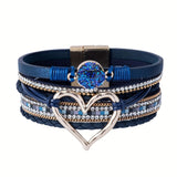Bohemian Braided Leather Bracelet, Multi-layer Design with Metal and Crystal Accents, Rose Gold Square Clasp with Heart Crystal, Embodying Casual Romantic Exotic Charm.(royal blue)
