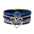 Bohemian Braided Leather Bracelet, Multi-layer Design with Metal and Crystal Accents, Rose Gold Square Clasp with Heart Crystal, Embodying Casual Romantic Exotic Charm.(royal blue)