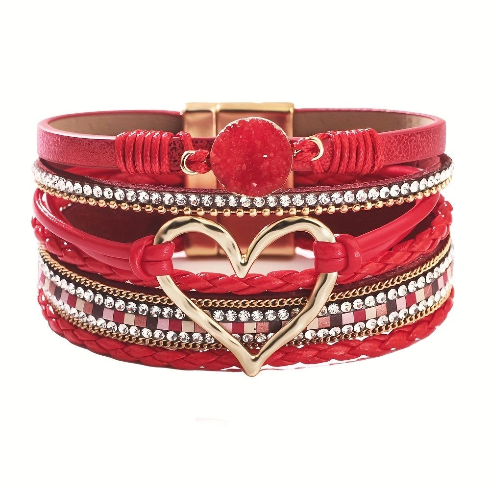 Bohemian Braided Leather Bracelet, Multi-layer Design with Metal and Crystal Accents, Rose Gold Square Clasp with Heart Crystal, Embodying Casual Romantic Exotic Charm.(RED)