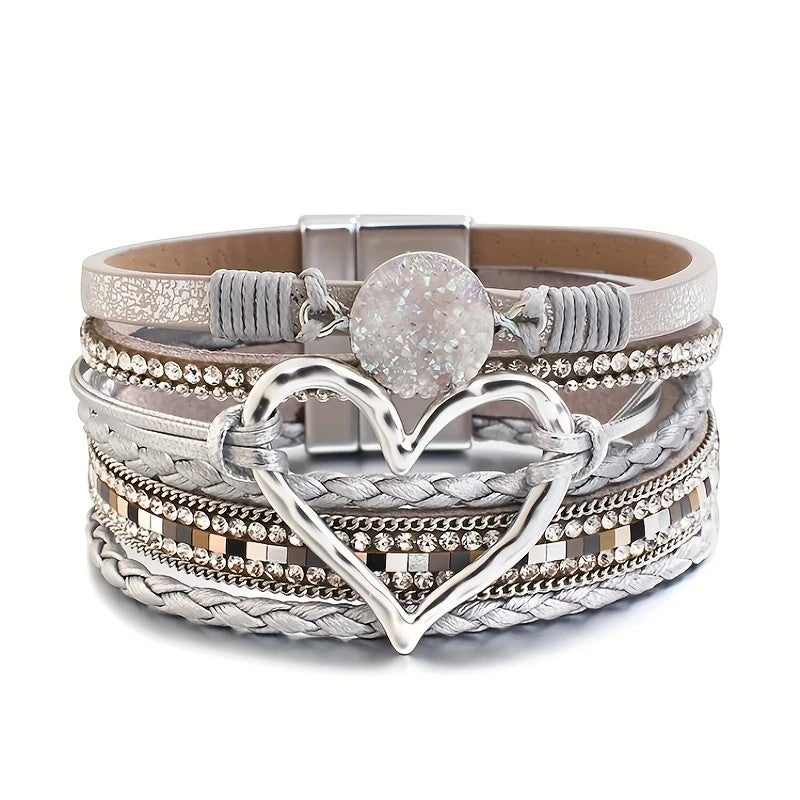 Bohemian Braided Leather Bracelet, Multi-layer Design with Metal and Crystal Accents, Rose Gold Square Clasp with Heart Crystal, Embodying Casual Romantic Exotic Charm.(silver)