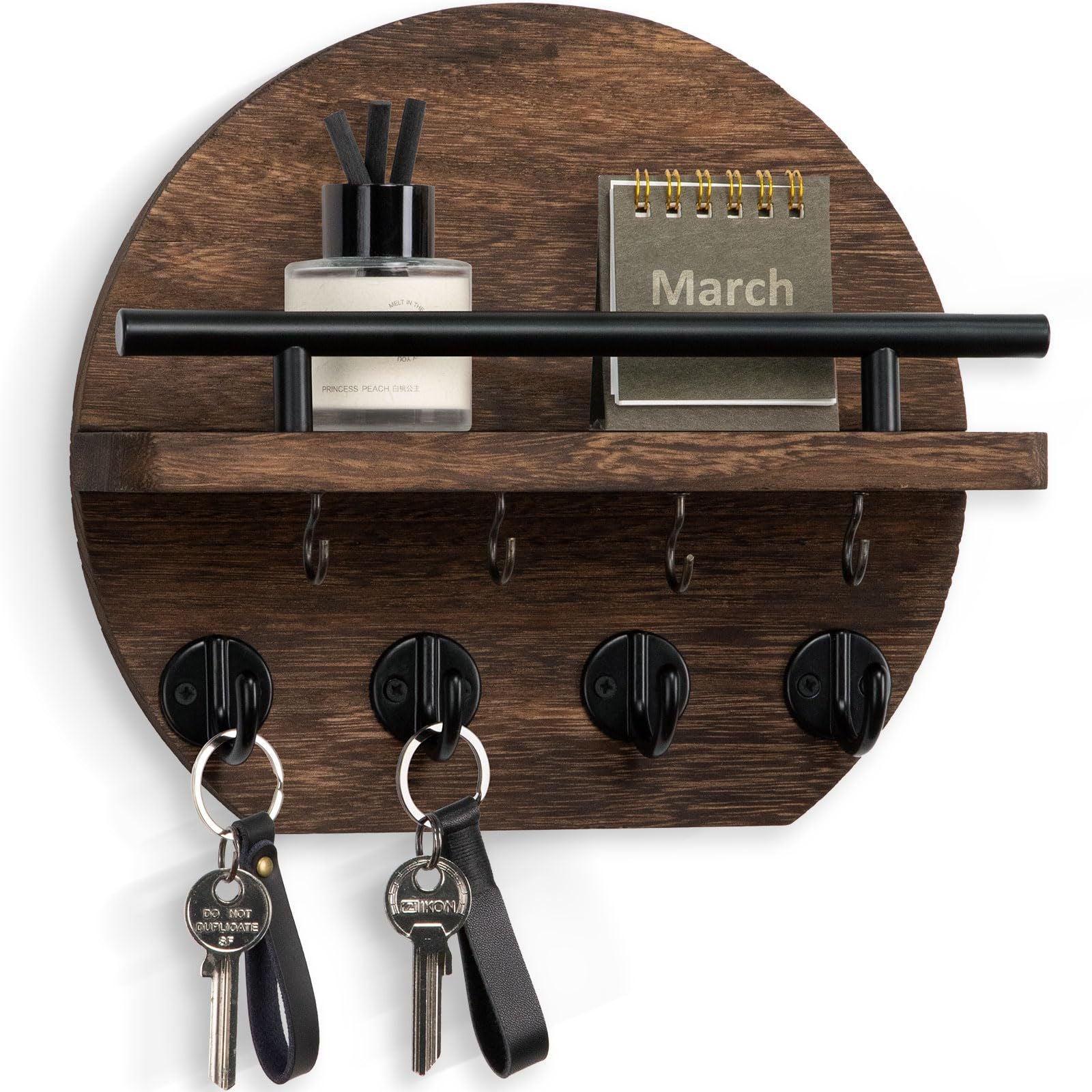 Handcrafted wooden wall organizer with partitioned storage and multifunctional use, easily creating a tidy and stylish entryway./Retro color