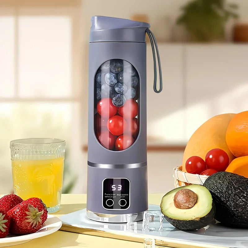 Purple portable USB charging blender and juicer with a white lid.