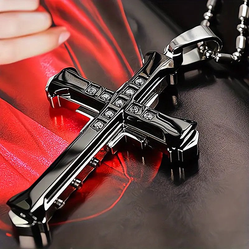 2PCS Luxurious Rhinestone Cross Necklace, Unisex, Guarding Faith with Cool Shine for Holidays and Daily Wear.black