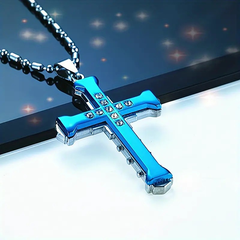 2PCS Luxurious Rhinestone Cross Necklace, Unisex, Guarding Faith with Cool Shine for Holidays and Daily Wear.BLUE