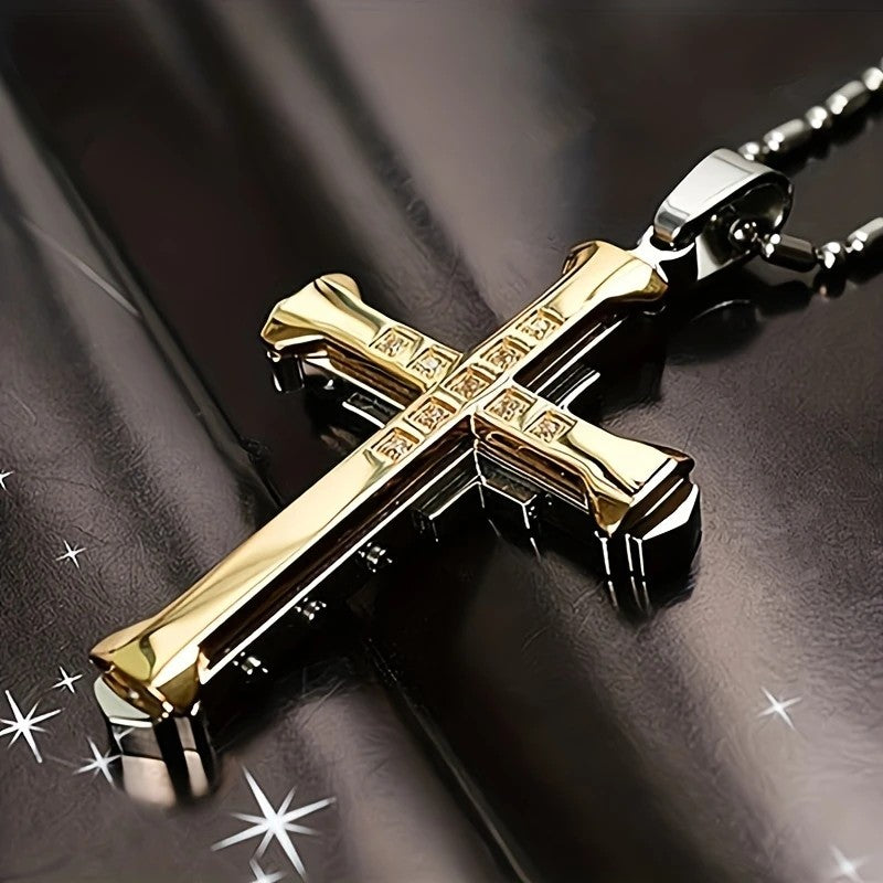 2PCS Luxurious Rhinestone Cross Necklace, Unisex, Guarding Faith with Cool Shine for Holidays and Daily Wear.golden