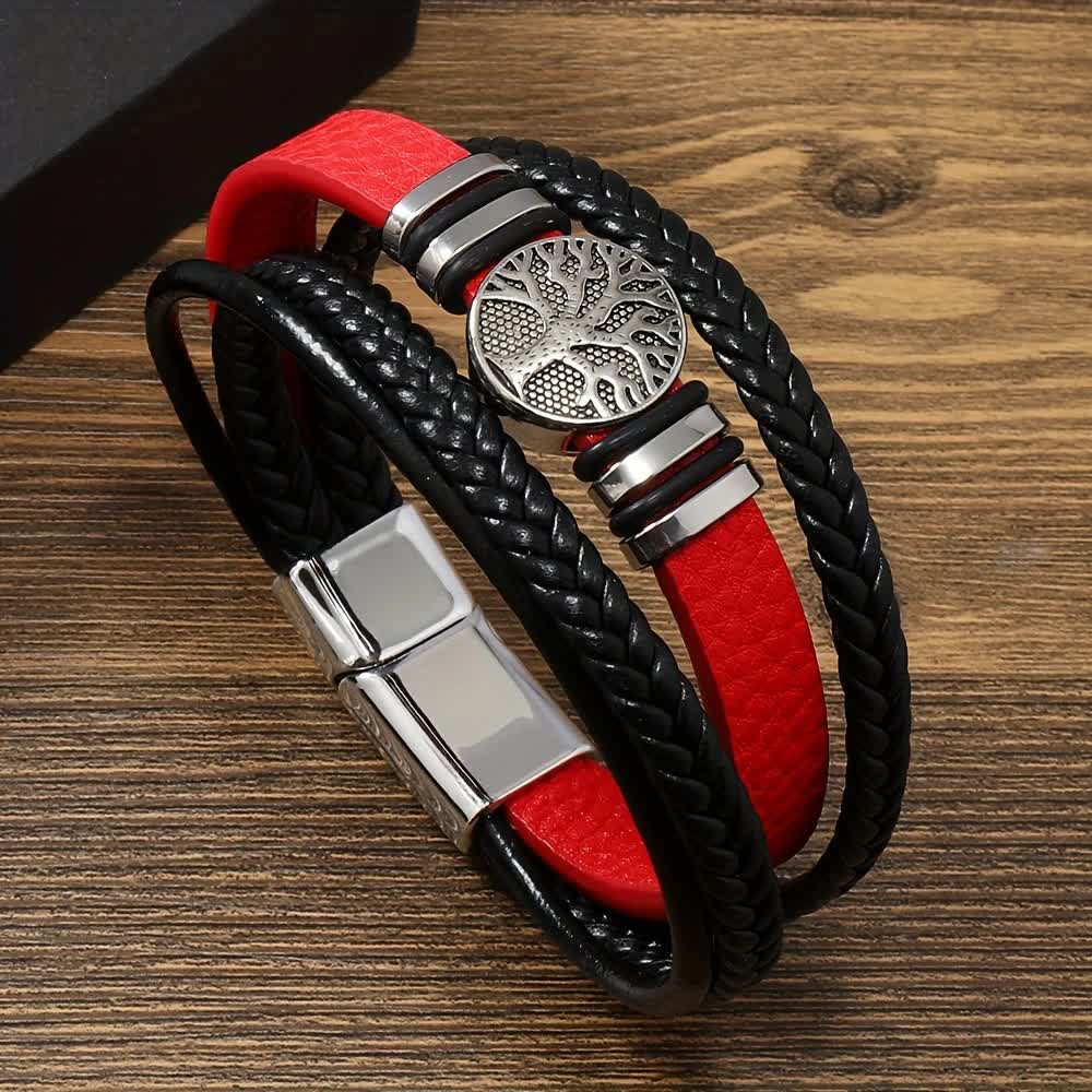 2PCS Handwoven Tree of Life Magnetic Clasp Bracelet, Red-Black Synthetic Leather Double-Layer Design, Vintage Style, Symbolizing Flourishing Life, Ideal for Personal Use or Gifting.