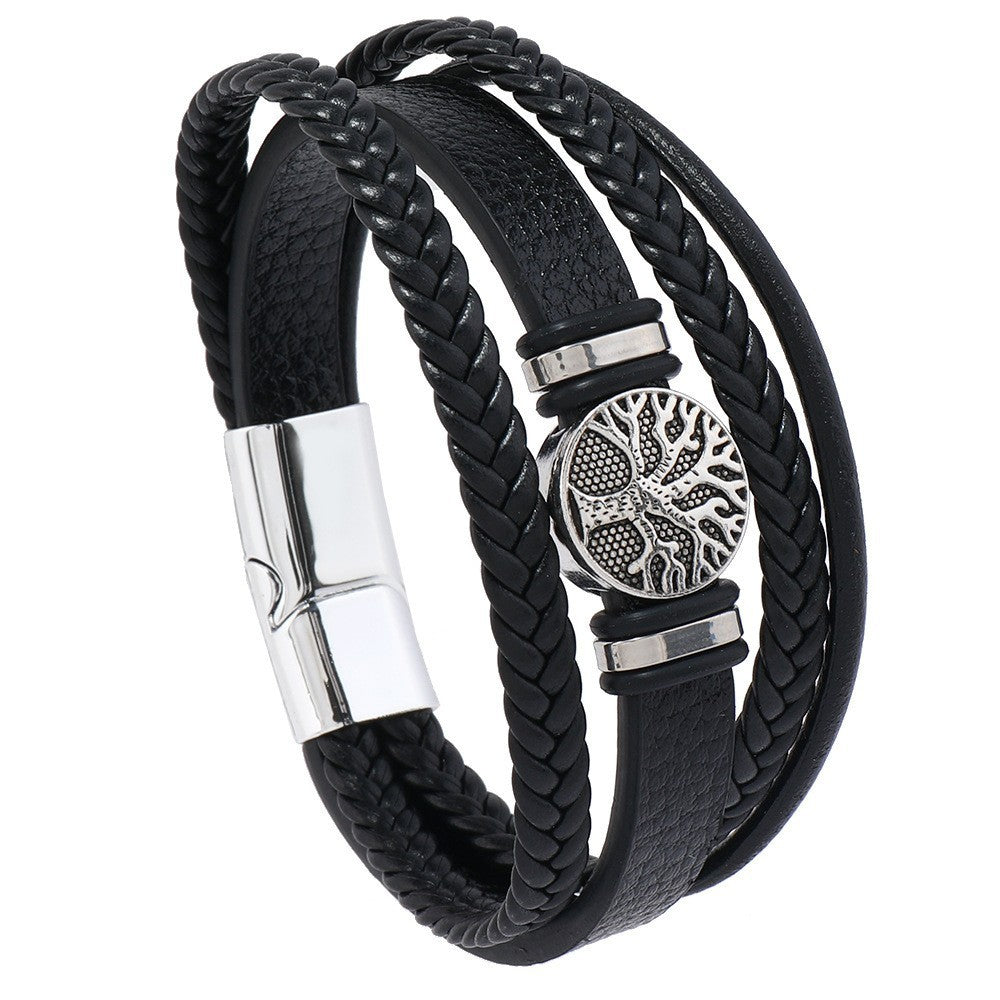 2PCS Handwoven Tree of Life Magnetic Clasp Bracelet, featuring a black synthetic leather double-layer design. Blending vintage charm with contemporary style, it symbolizes flourishing life and is perfect for both personal wear and thoughtful gifting.