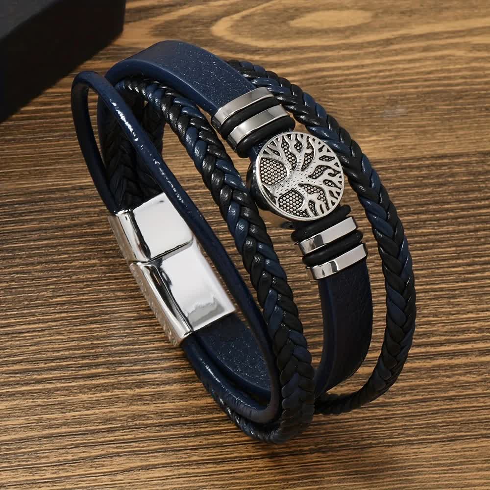 2PCS Handwoven Tree of Life Magnetic Clasp Bracelet, featuring a blue synthetic leather double-layer design. Blending vintage charm with contemporary style, it symbolizes flourishing life and is perfect for both personal wear and thoughtful gifting.