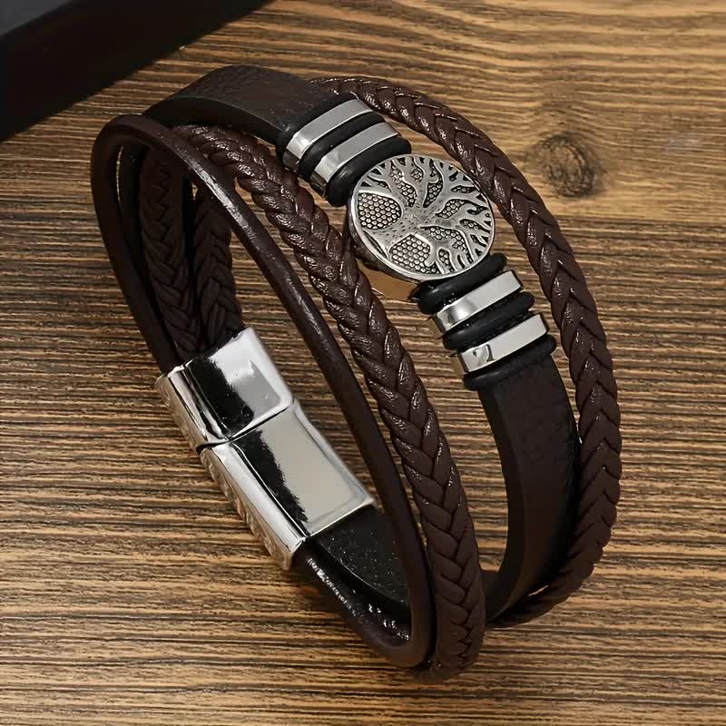 2PCS Handwoven Tree of Life Magnetic Clasp Bracelet, featuring a brown synthetic leather double-layer design. Blending vintage charm with contemporary style, it symbolizes flourishing life and is perfect for both personal wear and thoughtful gifting.