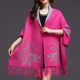 Double-sided Jacquard Cheongsam Shawl, Color-Blocked Fringed Cape Design, Autumn/Winter Fashion & Warmth Two-in-One Scarf(BLACK)