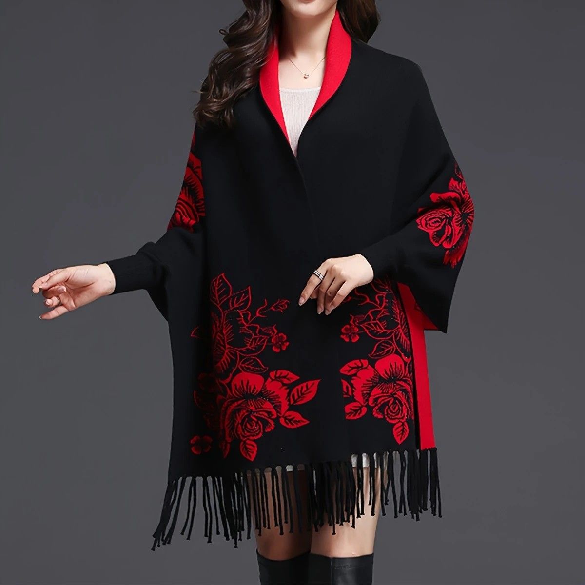 Double-sided Jacquard Cheongsam Shawl, Color-Blocked Fringed Cape Design, Autumn/Winter Fashion & Warmth Two-in-One Scarf(brown)
