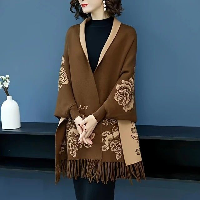 Double-sided Jacquard Cheongsam Shawl, Color-Blocked Fringed Cape Design, Autumn/Winter Fashion & Warmth Two-in-One Scarf(rose-carmine)