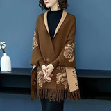Double-sided Jacquard Cheongsam Shawl, Color-Blocked Fringed Cape Design, Autumn/Winter Fashion & Warmth Two-in-One Scarf(navy blue)