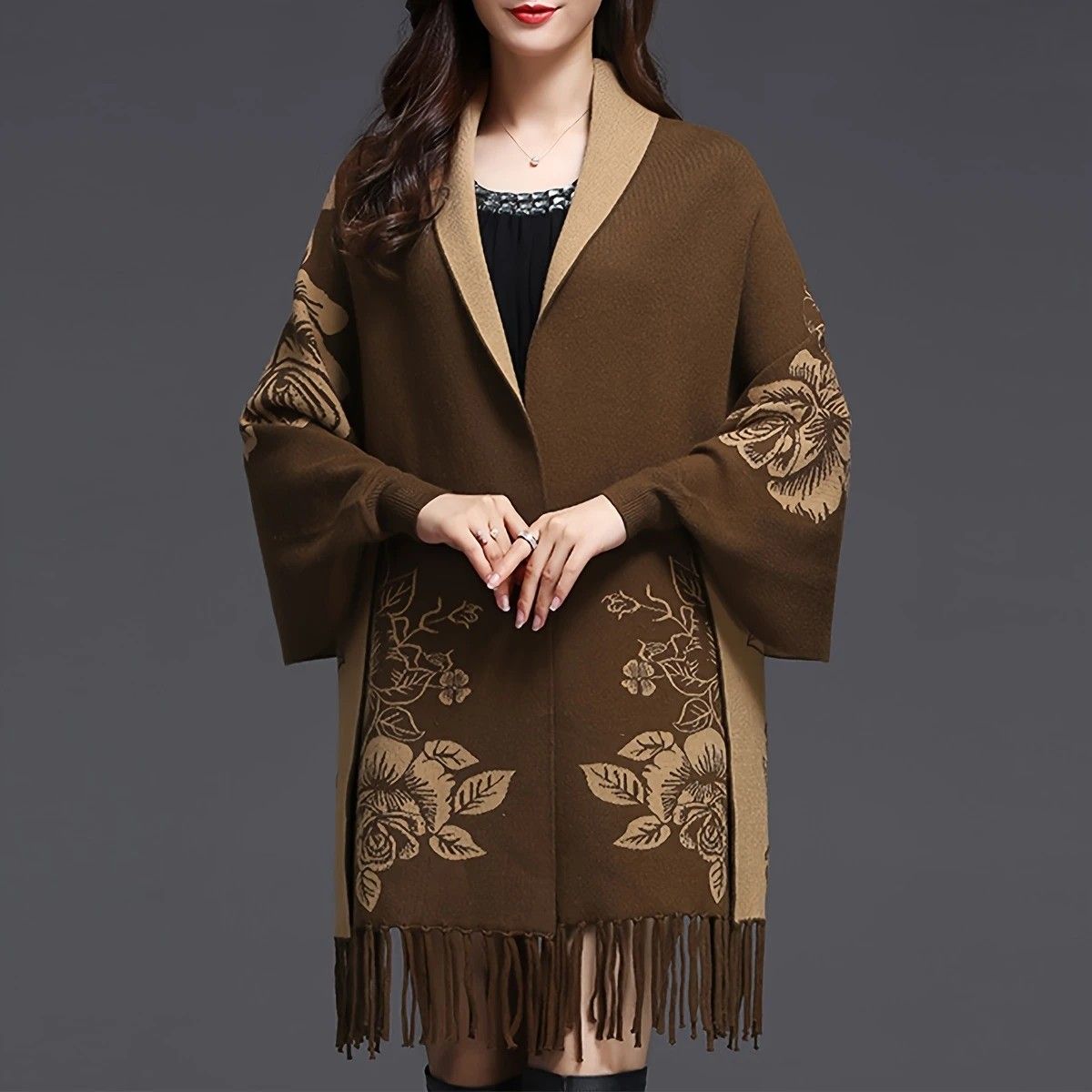 Double-sided Jacquard Cheongsam Shawl, Color-Blocked Fringed Cape Design, Autumn/Winter Fashion & Warmth Two-in-One Scarf(GREY)