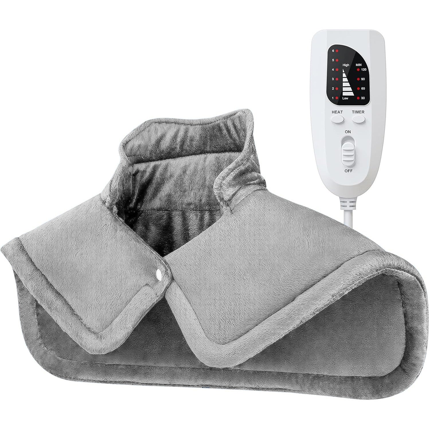Silver gray This multifunctional electric heating pad: 6 temperature levels, 4 timer settings, magnetic interface, portable, machine washable, perfect for home relaxation and a warm gift.