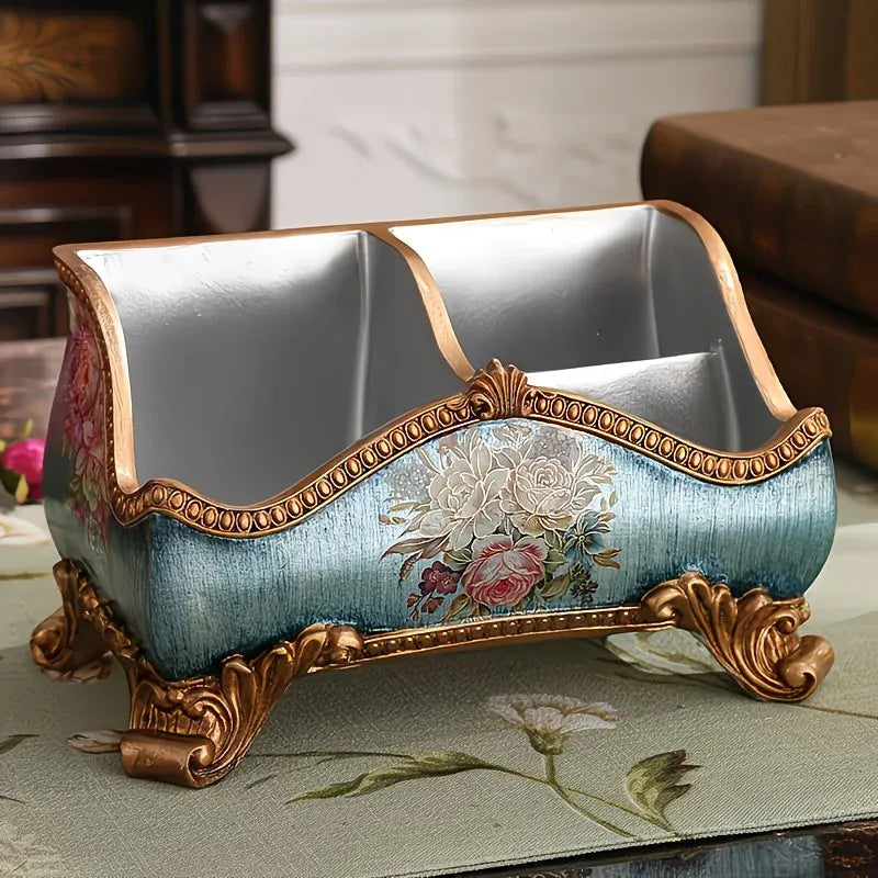 Natural Resin European Storage Box, Hand-Painted with Blooming Flowers – A Practical Storage Container and a Romantic Home Art Piece./Blue wood grain
