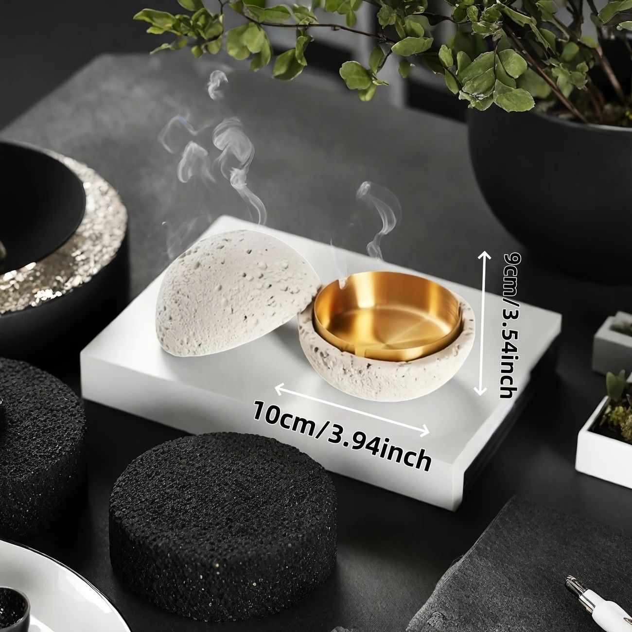 Nordic industrial style concrete ashtray, handcrafted with natural texture, detachable stainless steel bowl with anti-ash lid — easy to clean, durable, suitable for living rooms, bars, offices, ideal gift for Father’s Day, Christmas, housewarming.（Rock wh