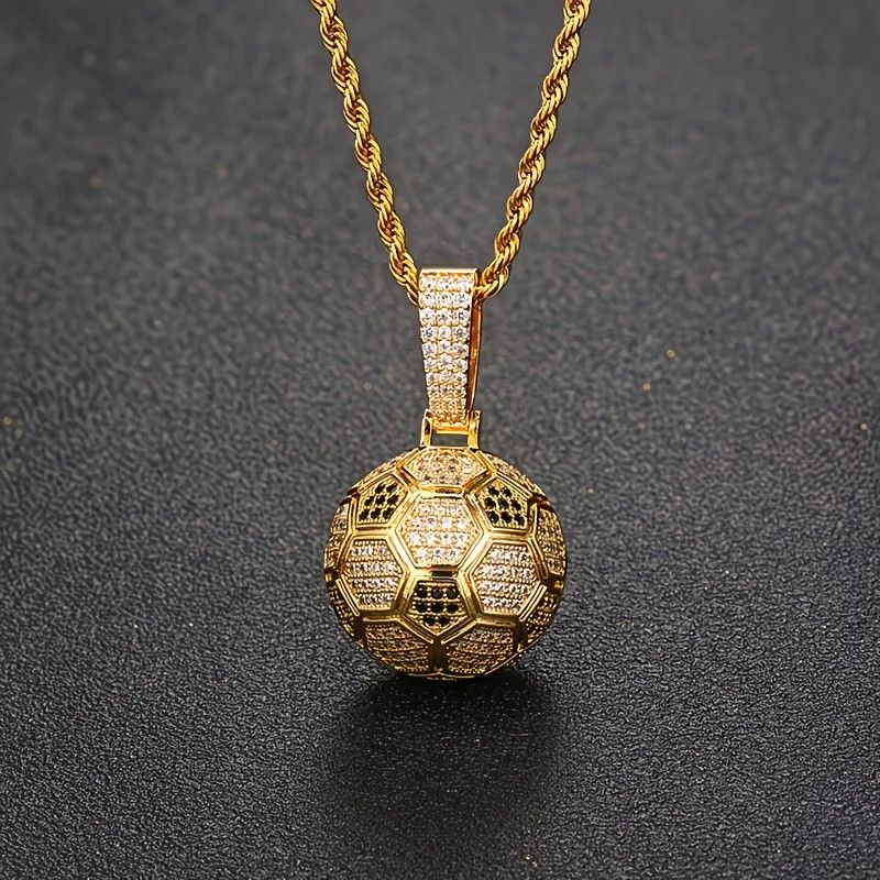 Football Hollow Pendant Necklace, Synthetic Zirconia Setting, Hip Hop Sporty Style, Trendy and Versatile.(golden)