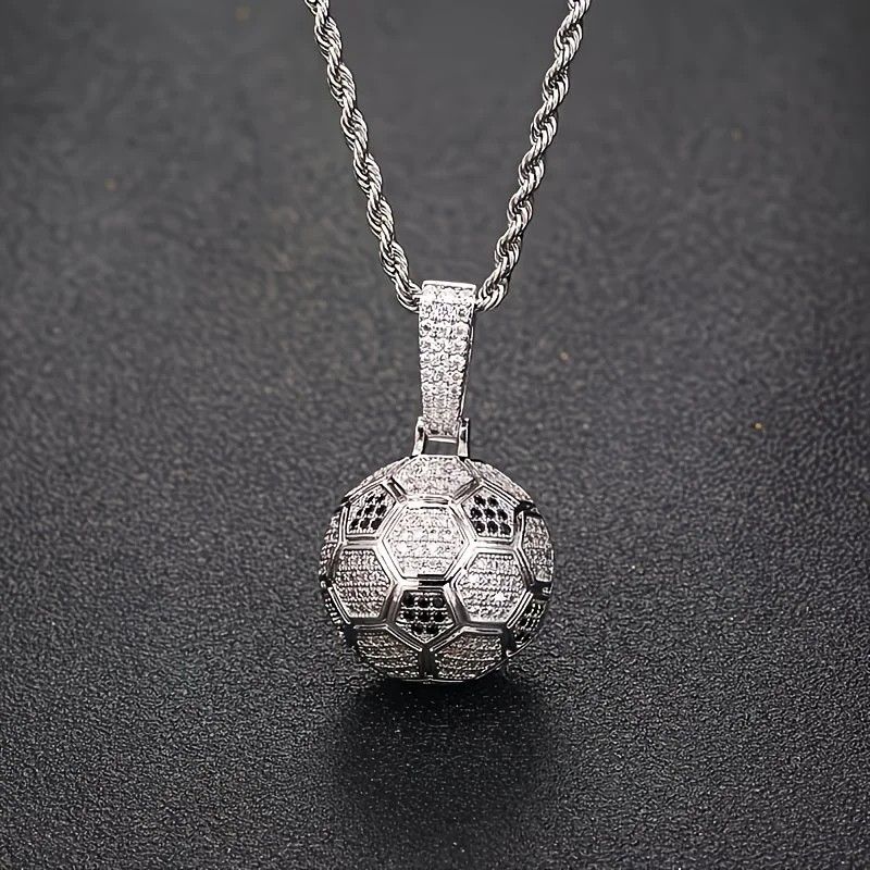 Football Hollow Pendant Necklace, Synthetic Zirconia Setting, Hip Hop Sporty Style, Trendy and Versatile.(silver)