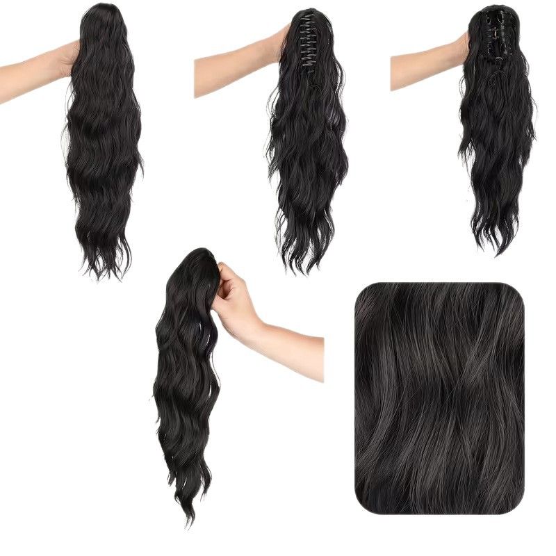 Water wave curly hair clip-in ponytail wig, made of high-heat-resistant synthetic material. Perfect for daily wear to add volume, ideal for holiday celebrations and Halloween parties.（Dark brown）