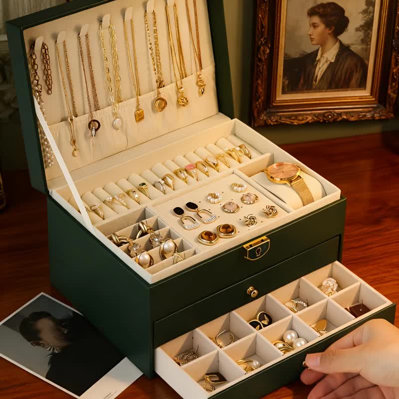 Dark green Multi - layer Jewelry Storage Box: Velvet Lining, Three - layer Zoning, Double - drawer Storage for Accessories