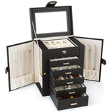 Women's Multi-functional Jewelry Box: Built-in Mirror, Multi-layer Drawer Storage, Side Hooks to Prevent Tangling and Protect Accessories.black