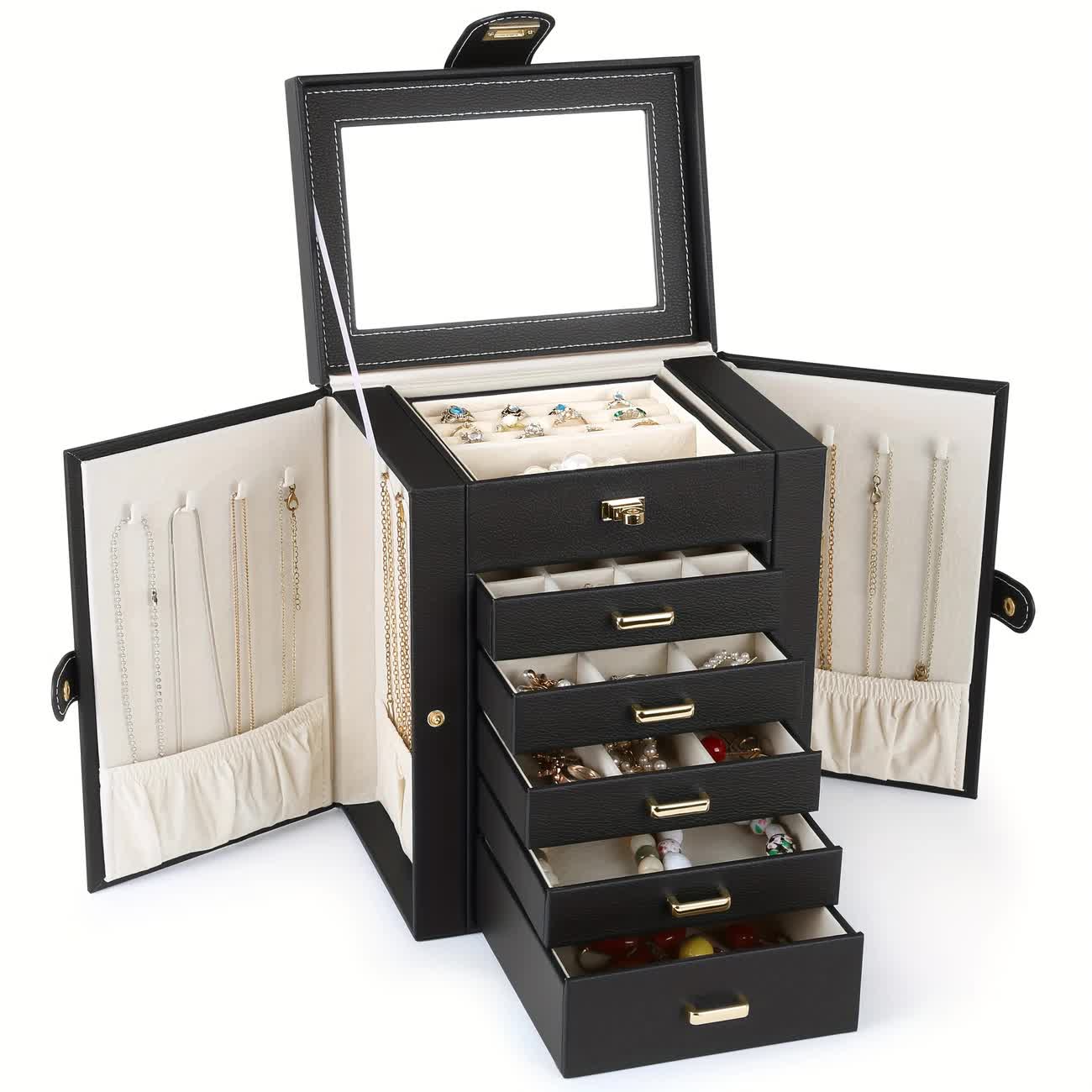 Women's Multi-functional Jewelry Box: Built-in Mirror, Multi-layer Drawer Storage, Side Hooks to Prevent Tangling and Protect Accessories.black
