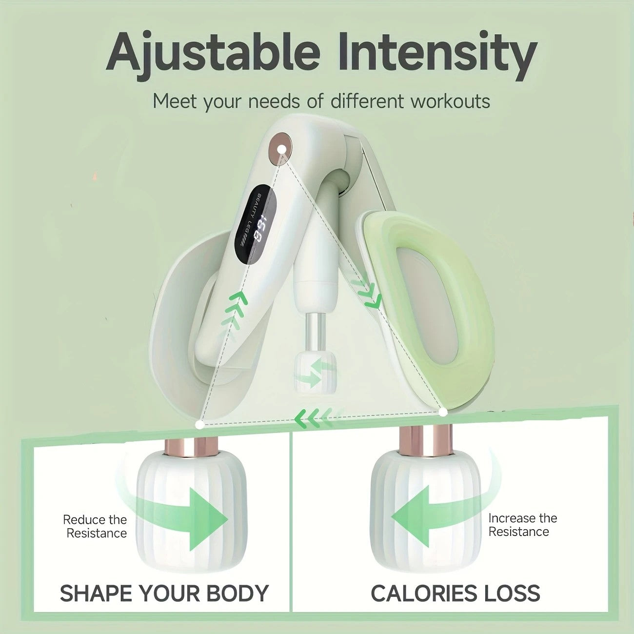 Smart Counting Buttocks and Leg Trainer. Adjustable resistance for precise activation of glute and inner thigh muscles. Features anti-slip design—your essential home fitness tool for body shaping, effortlessly tracking workout repetitions.（GREEN)