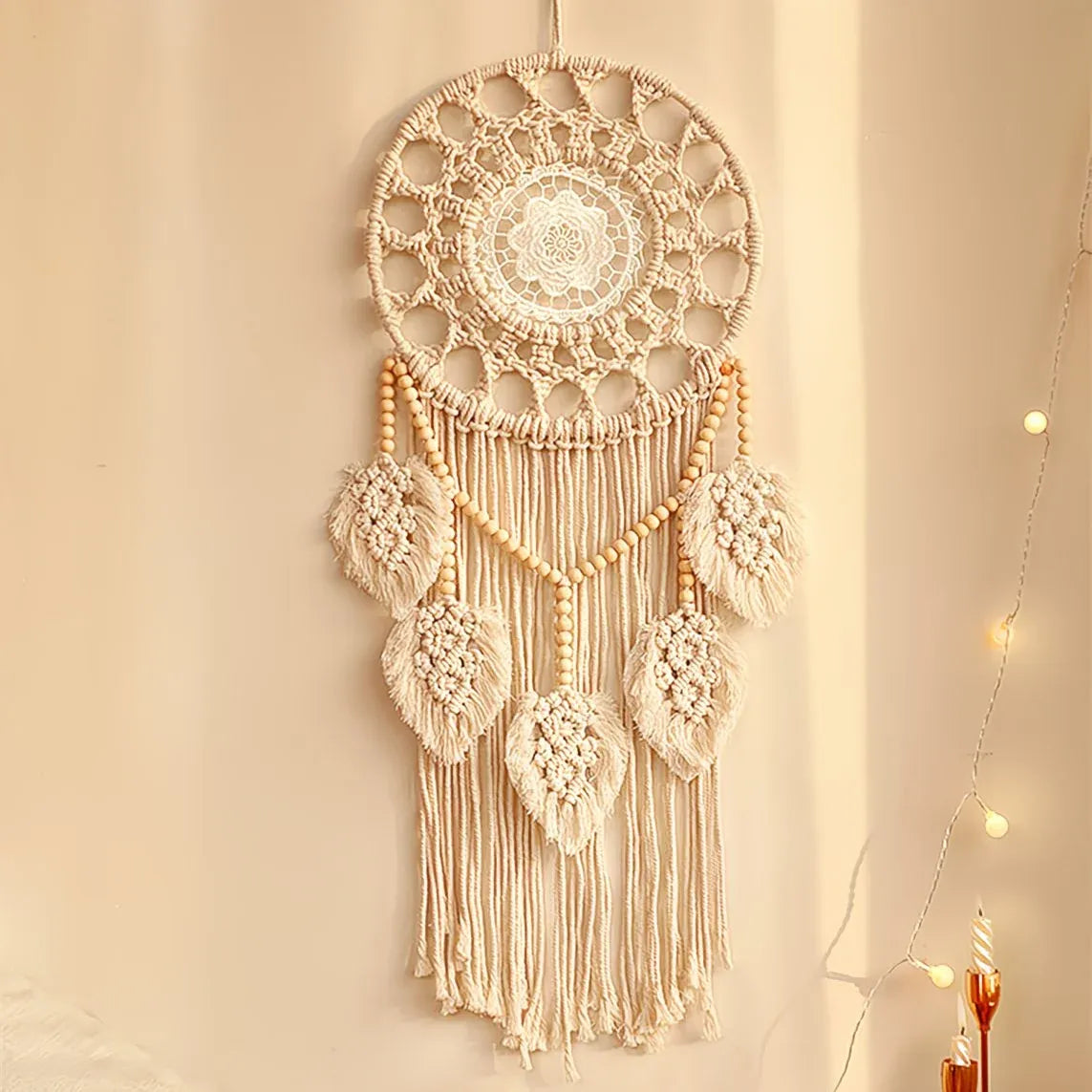 Bohemian Handwoven Wooden Bead Leaf Round Tapestry: Cotton Lace Hollow Tassel, Natural Healing Wall Decoration/sandy beige