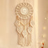 Bohemian Handwoven Wooden Bead Leaf Round Tapestry: Cotton Lace Hollow Tassel, Natural Healing Wall Decoration/sandy beige