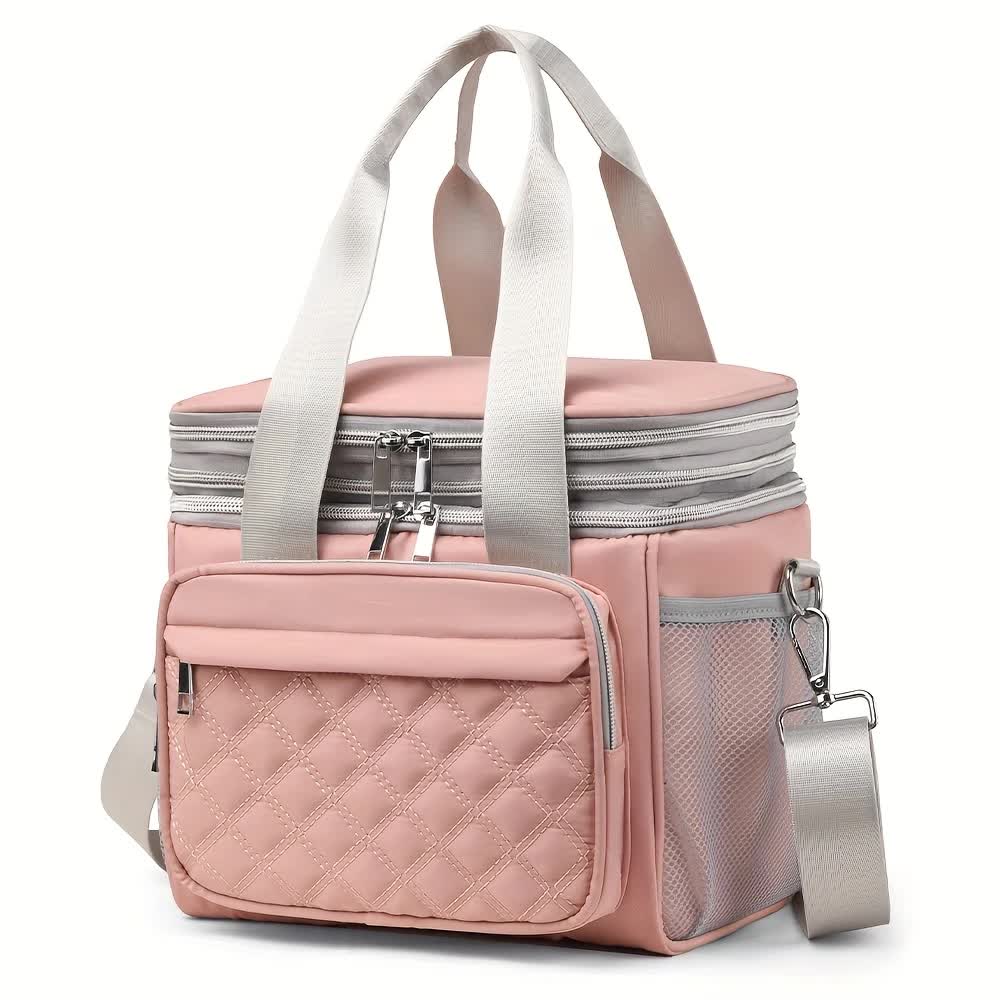 PINK Large Capacity Travel Bag / Lunch Bag. Expandable 5cm, Multi-Compartment Storage, Hand/Shoulder Carry, Multi-Color Portable for Trips