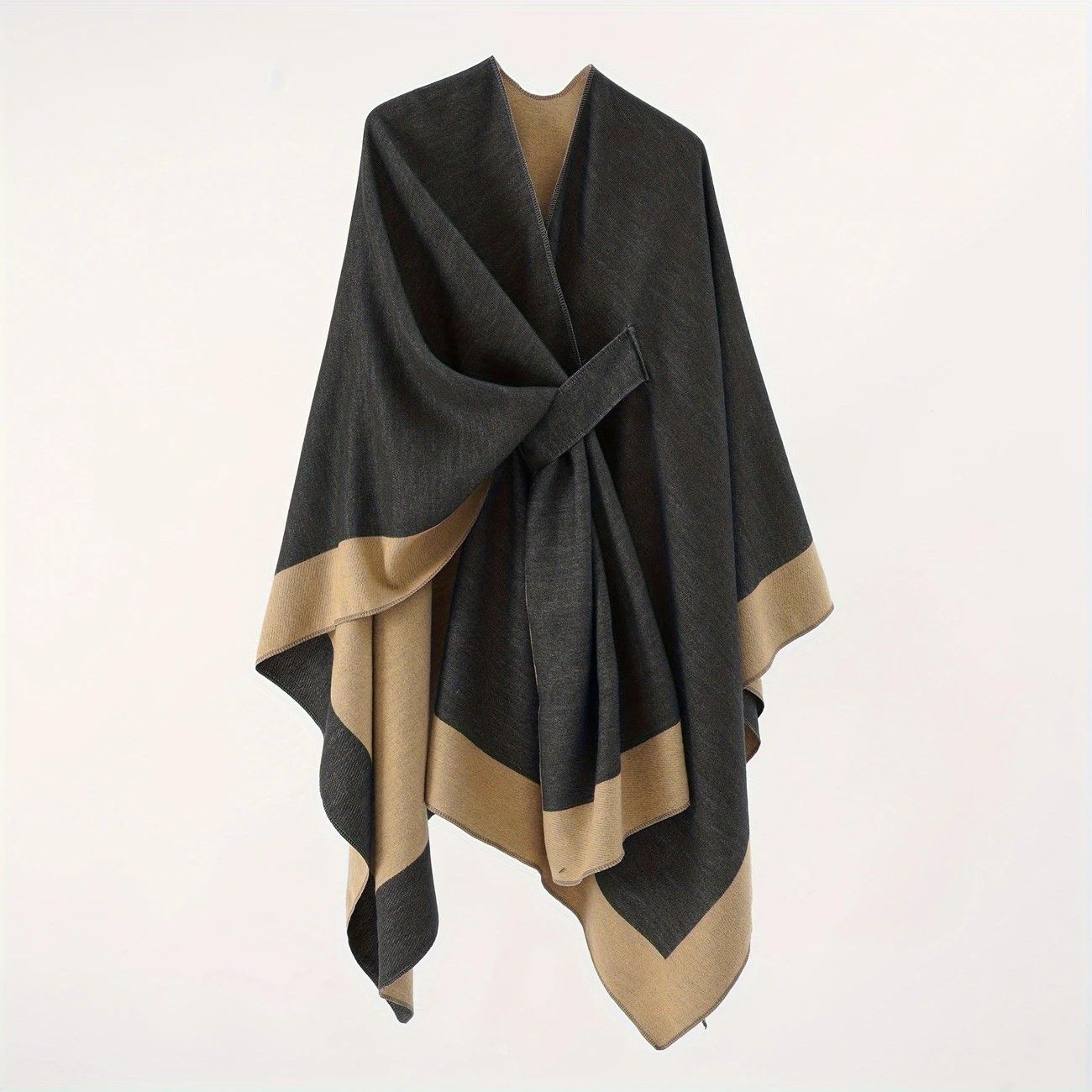 Solid Color Striped-Border Faux Cashmere Shawl Scarf, Minimalist Versatile Autumn Winter Warmth Elegant Accessory.(BLACK)