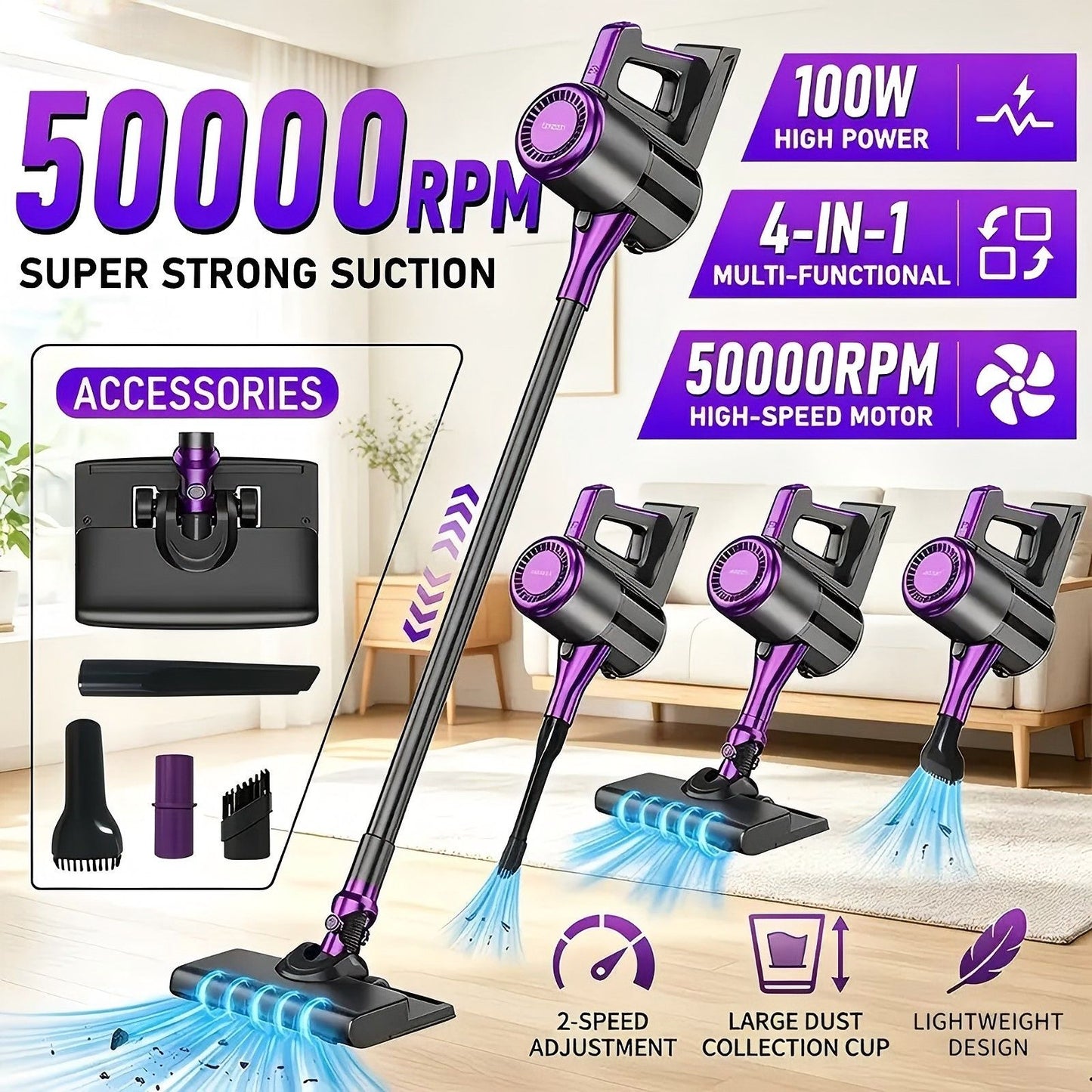 4-in-1 cordless vacuum cleaner, 50000RPM motor, 10000Pa suction, 180° rotating brush head, dual speed settings, lightweight and convenient./purple