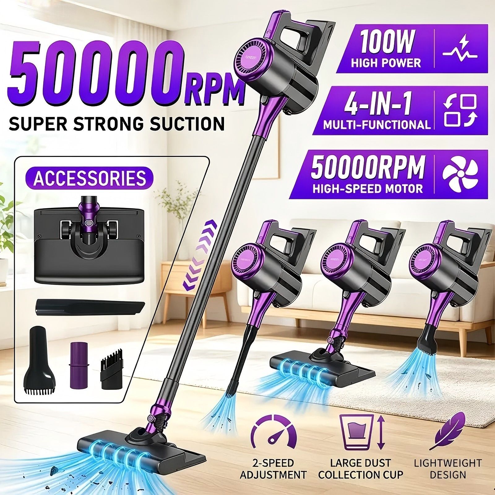 4-in-1 cordless vacuum cleaner, 50000RPM motor, 10000Pa suction, 180° rotating brush head, dual speed settings, lightweight and convenient./purple